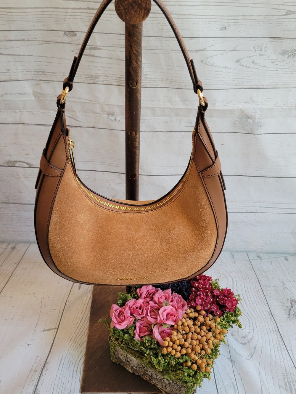 Michael Kors Tan Preston Suede and Leather Crescent Shoulder Bag - Picture 3 of 9